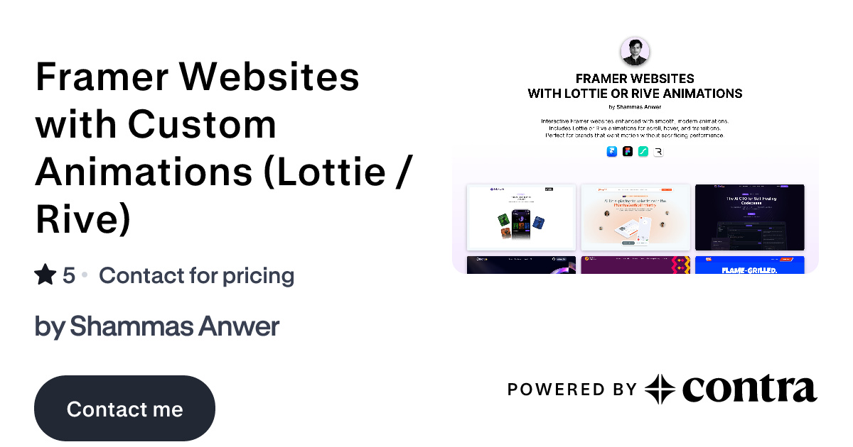 Framer Websites with Custom Animations (Lottie / Rive) by Shammas Anwer