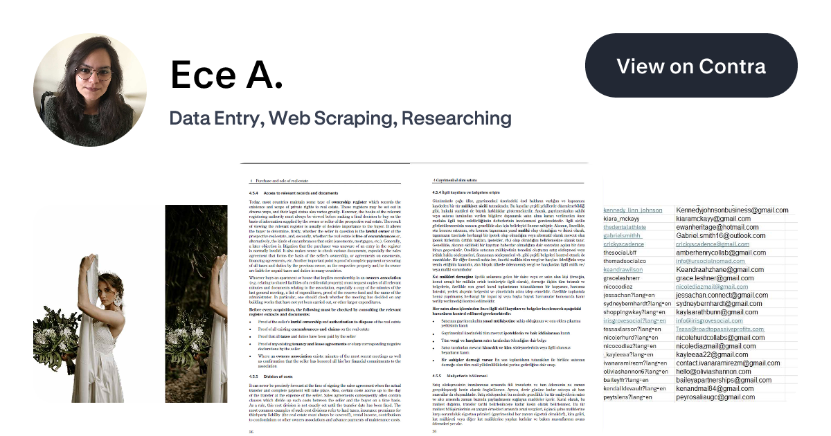 Ece A. on Contra | Data Entry, Web Scraping, Researching