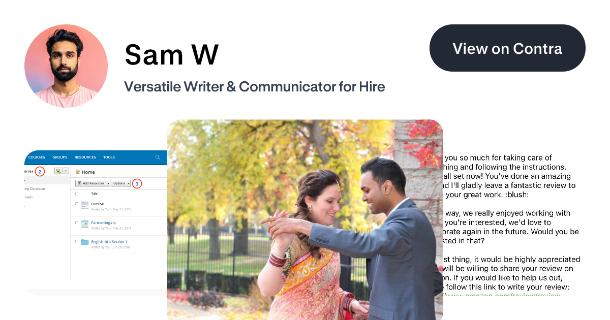 Sam W on Contra | Versatile Writer & Communicator for Hire